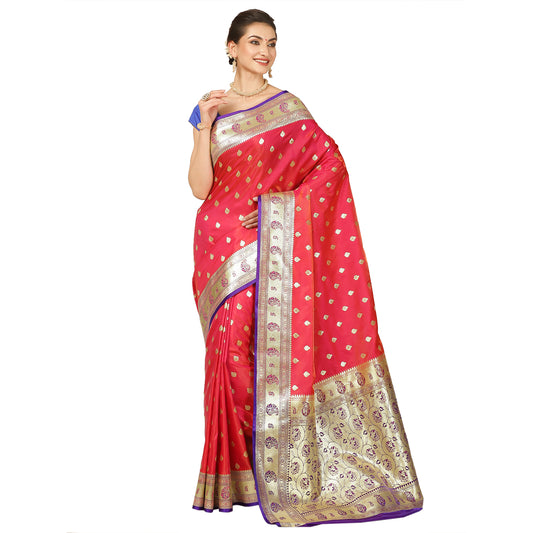 Faishana Presents Pink Booti Mughal Motif Satin Silk Banarasi Saree With Paithani Blue Borde