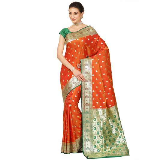 Faishana Presents Orange Booti Mughal Motif Satin Silk Banarasi Saree With Paithani Green Borde