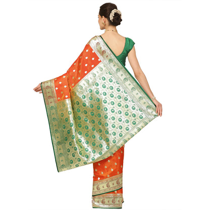 Faishana Presents Orange Booti Mughal Motif Satin Silk Banarasi Saree With Paithani Green Borde