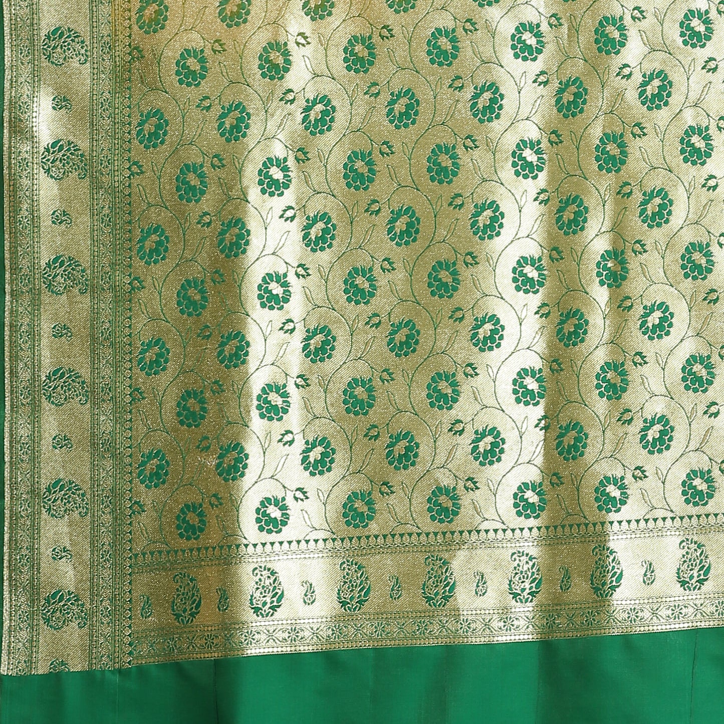 Faishana Presents Orange Booti Mughal Motif Satin Silk Banarasi Saree With Paithani Green Borde