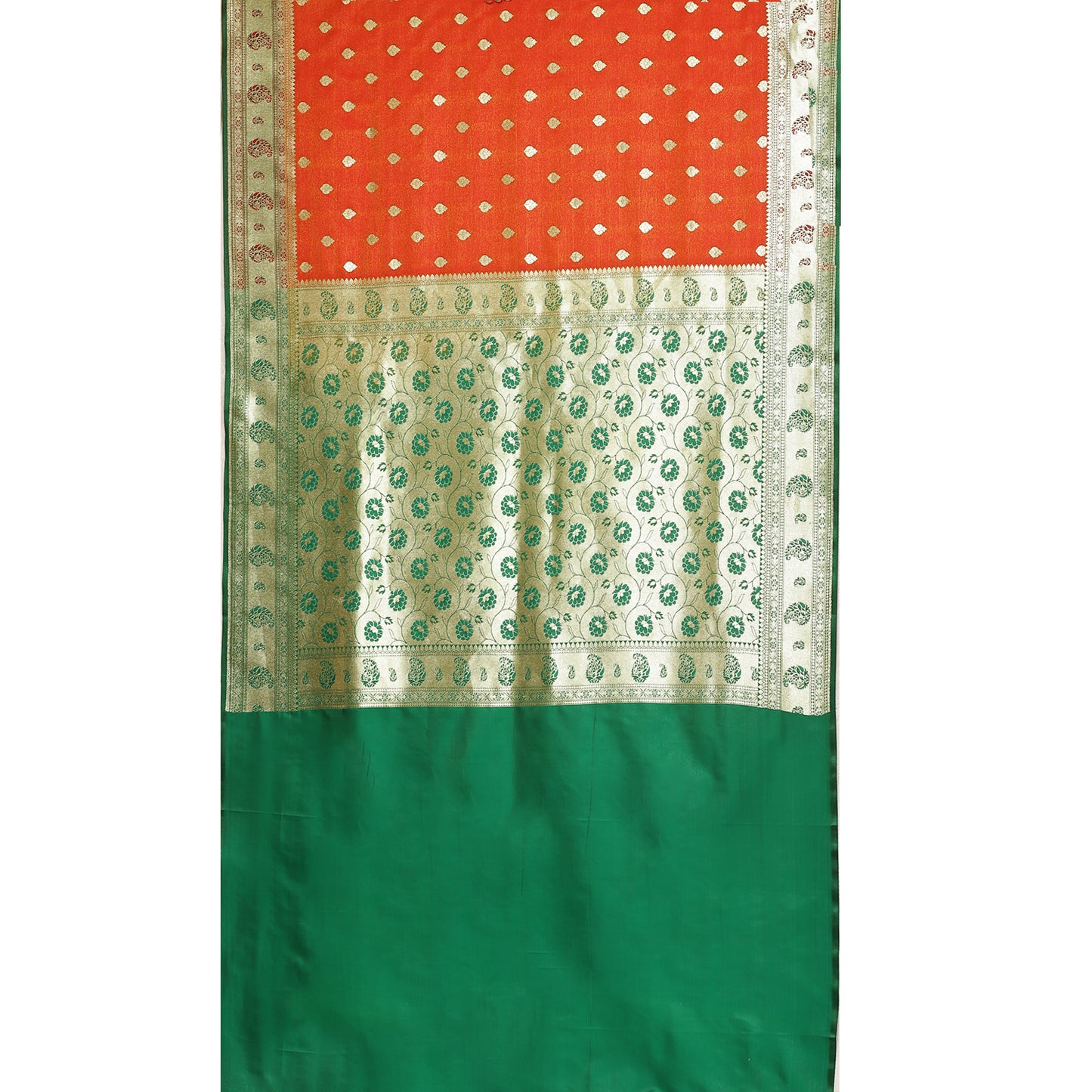 Faishana Presents Orange Booti Mughal Motif Satin Silk Banarasi Saree With Paithani Green Borde