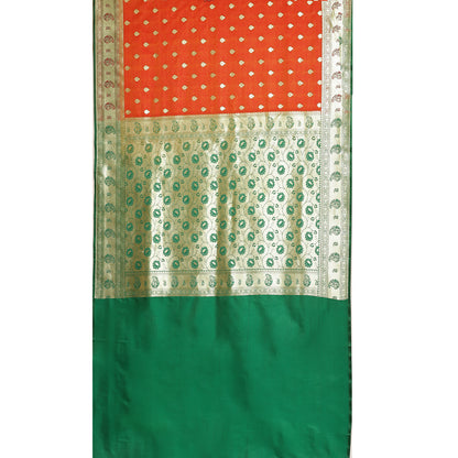 Faishana Presents Orange Booti Mughal Motif Satin Silk Banarasi Saree With Paithani Green Borde