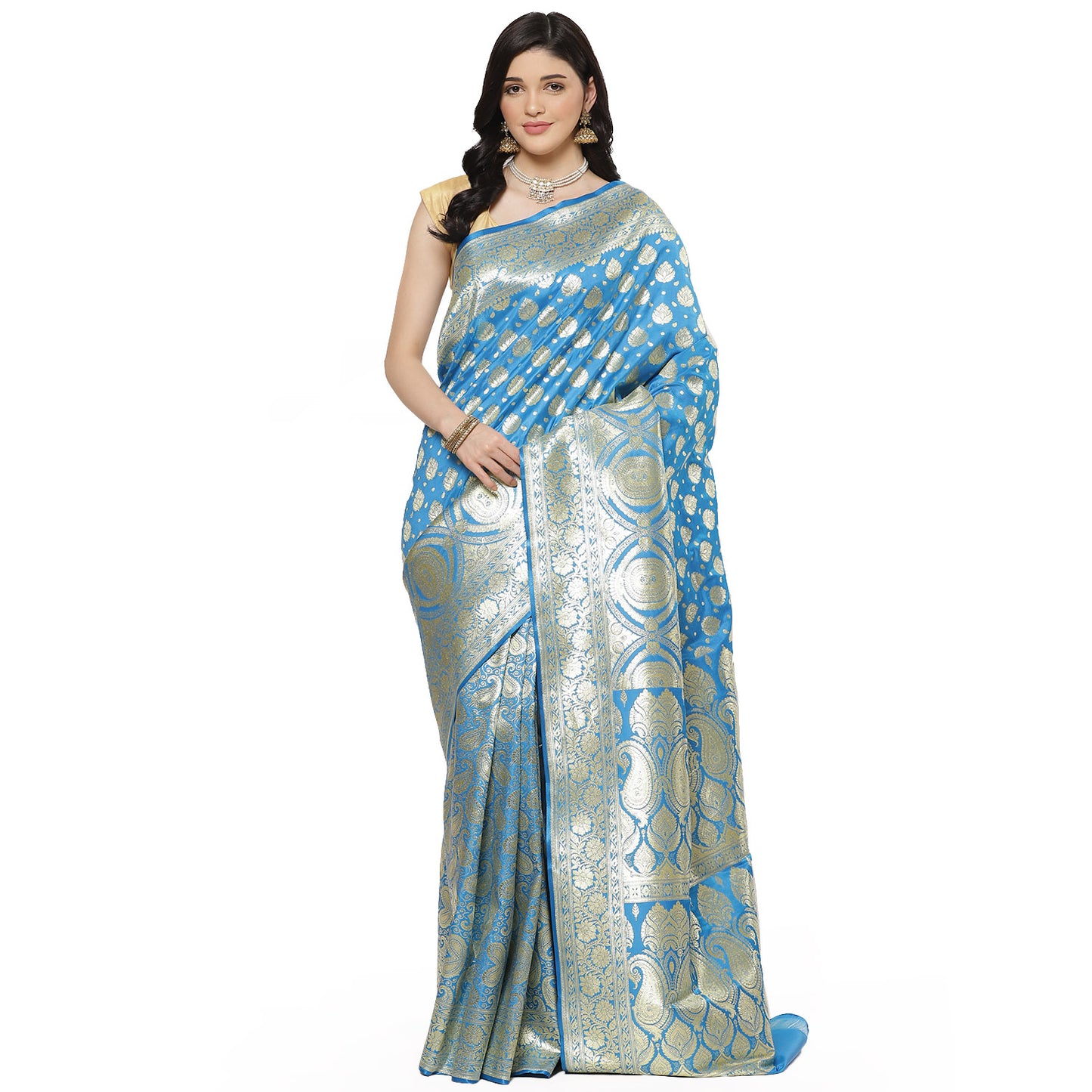 Faishana Presents Torqouise Blue Booti Half Half Mughal Motif Banarasi Satin Silk Saree With Skirt Borde