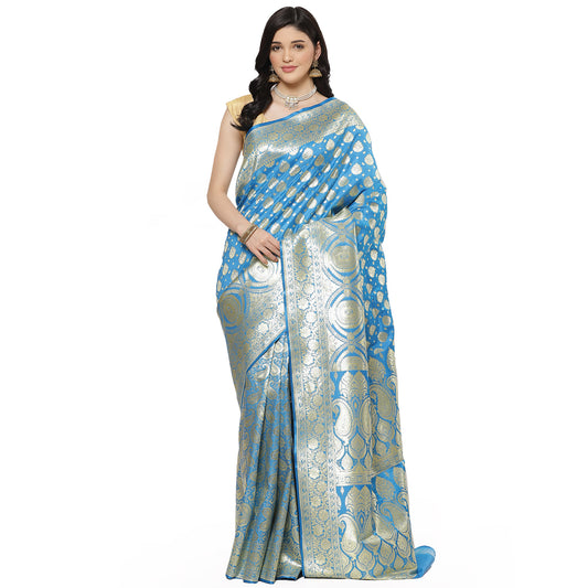 Faishana Presents Torqouise Blue Booti Half Half Mughal Motif Banarasi Satin Silk Saree With Skirt Borde
