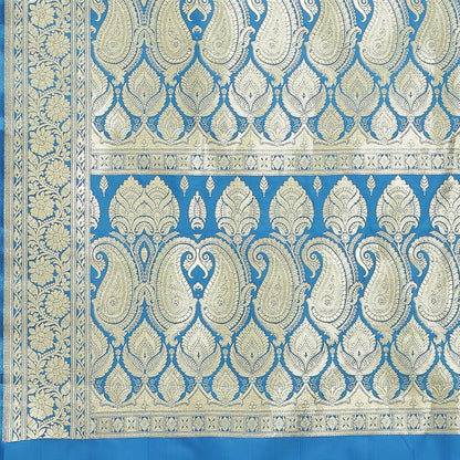 Faishana Presents Torqouise Blue Booti Half Half Mughal Motif Banarasi Satin Silk Saree With Skirt Borde