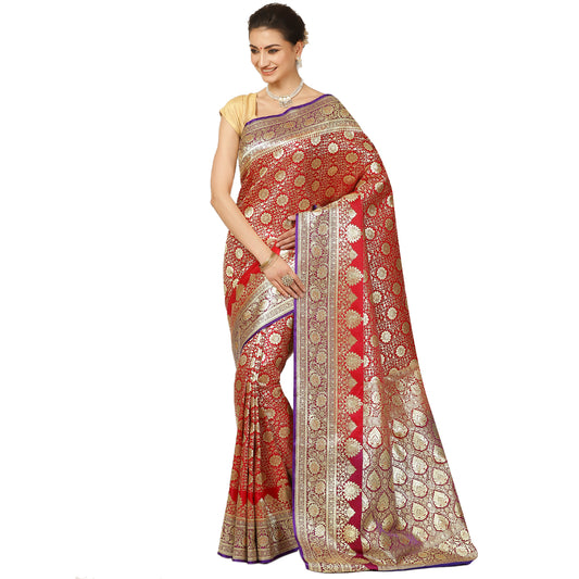 Faishana Presents Pink Jaal Mughal Motif Satin Silk Banarasi Saree Kadiyal Skirt Blue Borde