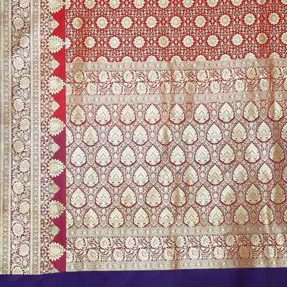 Faishana Presents Pink Jaal Mughal Motif Satin Silk Banarasi Saree Kadiyal Skirt Blue Borde