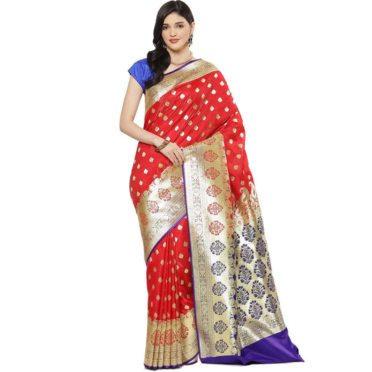 Faishana Presents Red Booti Mughal Motif Banarasi Satin Silk With Skirt Kadiyal Paithani Blue Borde