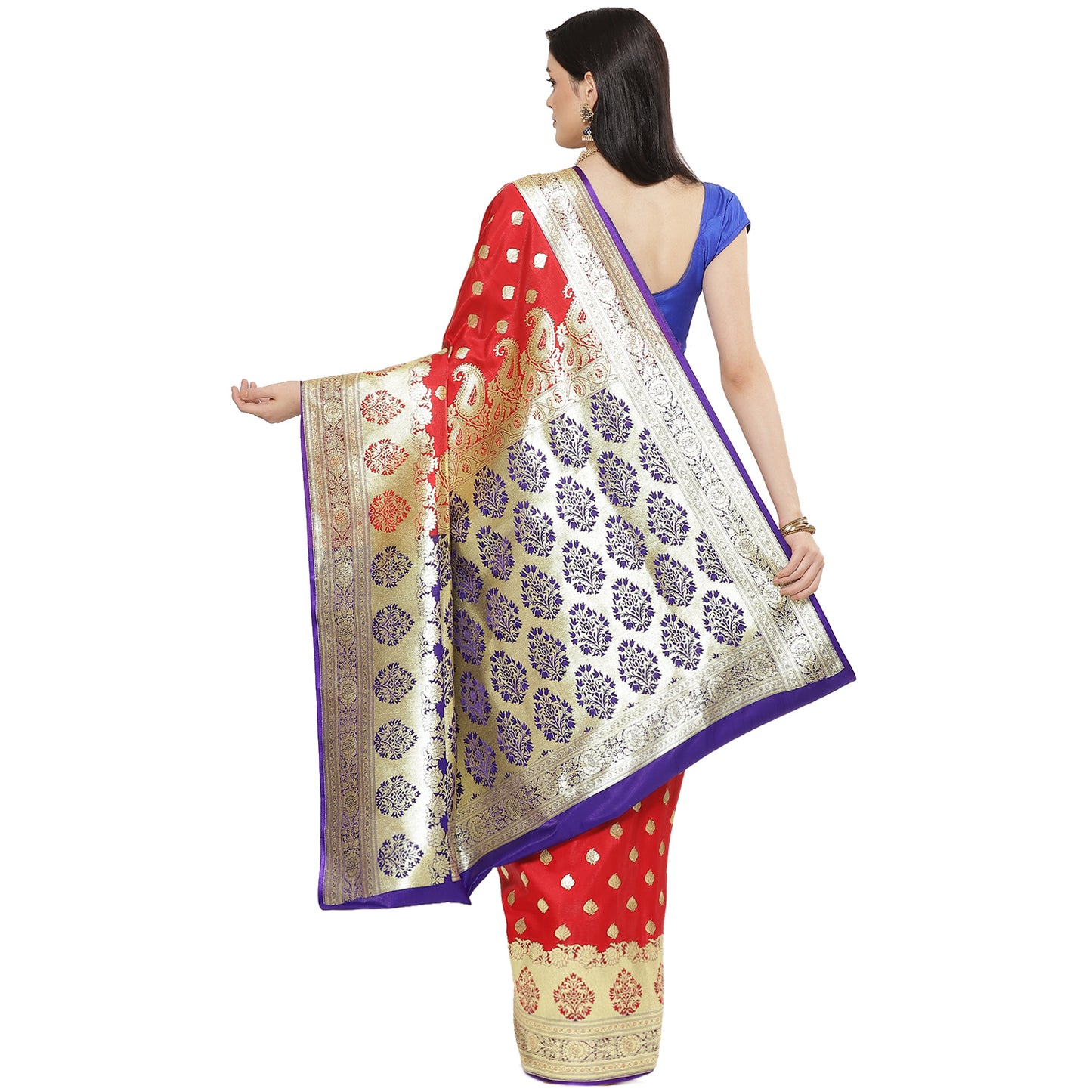 Faishana Presents Red Booti Mughal Motif Banarasi Satin Silk With Skirt Kadiyal Paithani Blue Borde