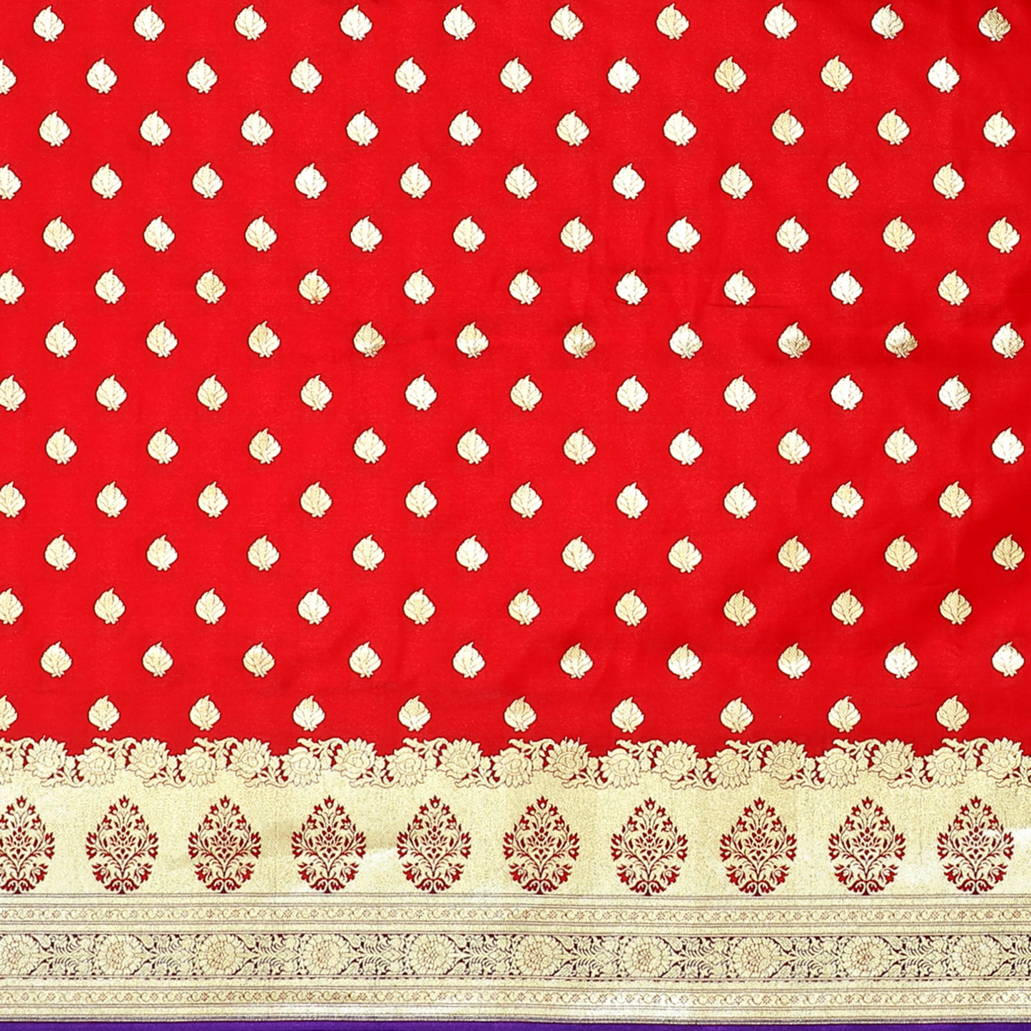 Faishana Presents Red Booti Mughal Motif Banarasi Satin Silk With Skirt Kadiyal Paithani Blue Borde