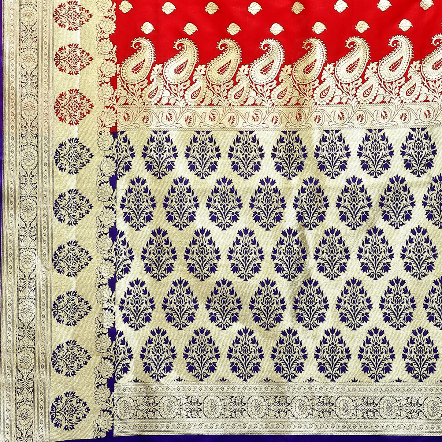 Faishana Presents Red Booti Mughal Motif Banarasi Satin Silk With Skirt Kadiyal Paithani Blue Borde