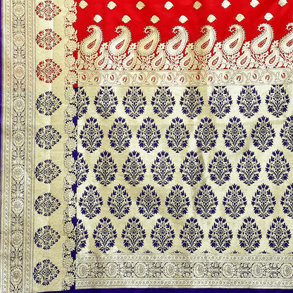 Faishana Presents Red Booti Mughal Motif Banarasi Satin Silk With Skirt Kadiyal Paithani Blue Borde