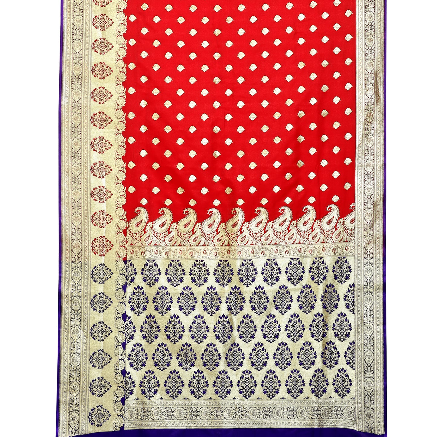 Faishana Presents Red Booti Mughal Motif Banarasi Satin Silk With Skirt Kadiyal Paithani Blue Borde