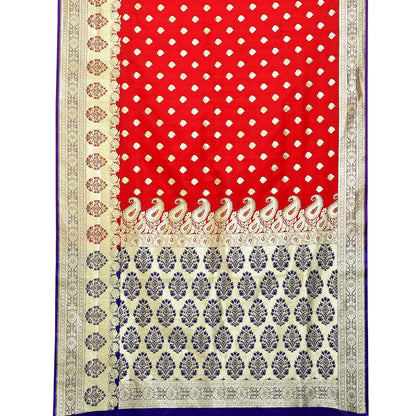 Faishana Presents Red Booti Mughal Motif Banarasi Satin Silk With Skirt Kadiyal Paithani Blue Borde