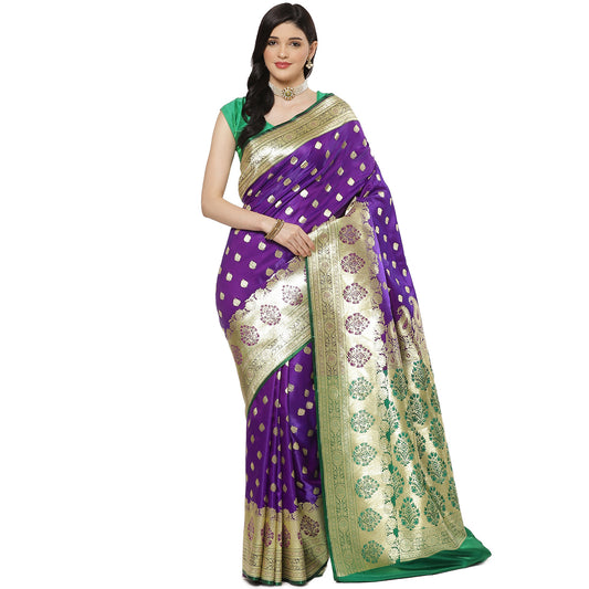 Faishana Presents Purple Booti Mughal Motif Banarasi Satin Silk With Skirt Kadiyal Paithani Green Borde