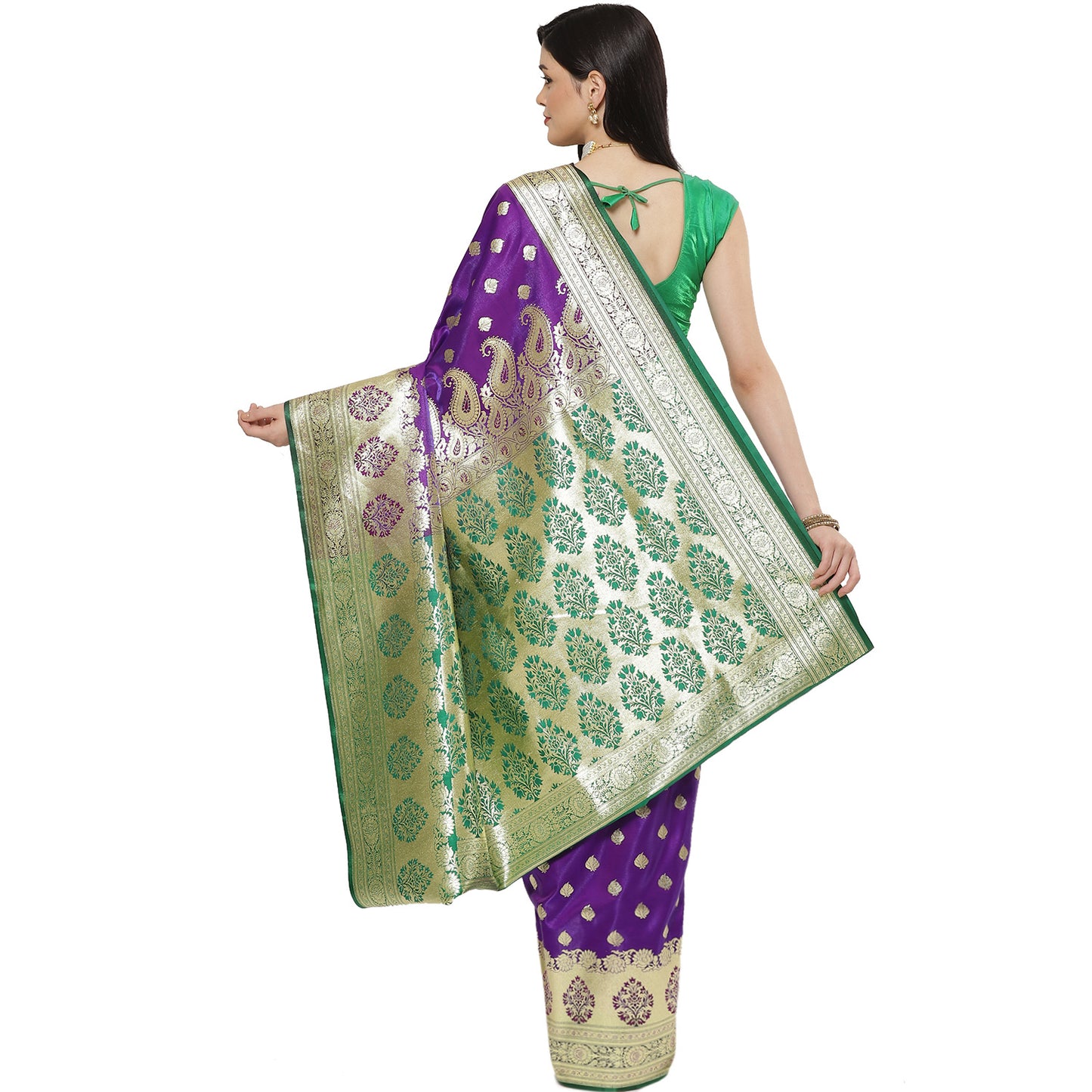 Faishana Presents Purple Booti Mughal Motif Banarasi Satin Silk With Skirt Kadiyal Paithani Green Borde