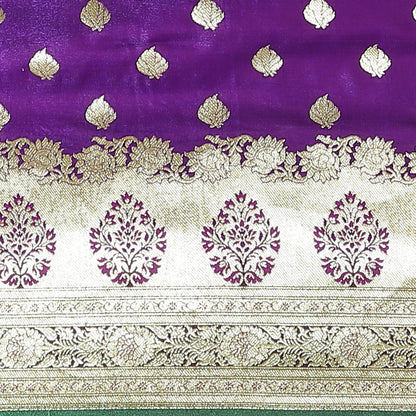 Faishana Presents Purple Booti Mughal Motif Banarasi Satin Silk With Skirt Kadiyal Paithani Green Borde