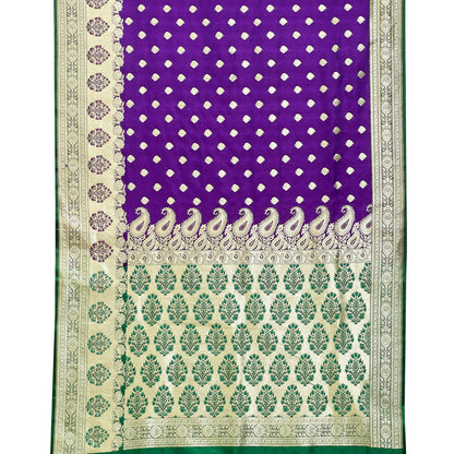 Faishana Presents Purple Booti Mughal Motif Banarasi Satin Silk With Skirt Kadiyal Paithani Green Borde