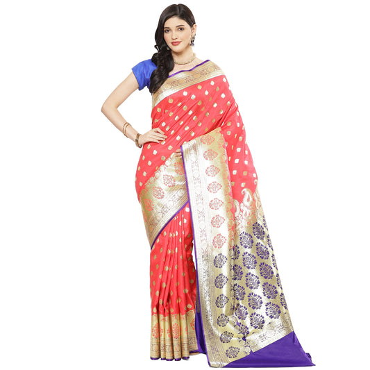 Faishana Presents Pink  Satin Silk Mughal Motif Zari Booti Banarasi with Skirt Kadiyal Paithani Blue Border Saree
