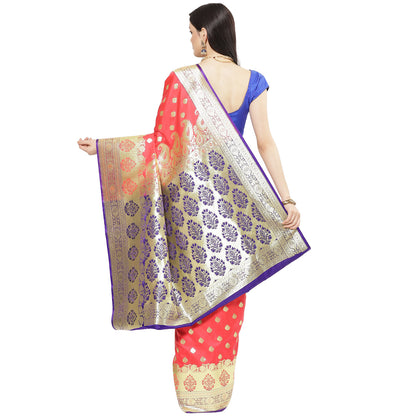 Faishana Presents Pink  Satin Silk Mughal Motif Zari Booti Banarasi with Skirt Kadiyal Paithani Blue Border Saree