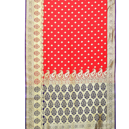 Faishana Presents Pink  Satin Silk Mughal Motif Zari Booti Banarasi with Skirt Kadiyal Paithani Blue Border Saree