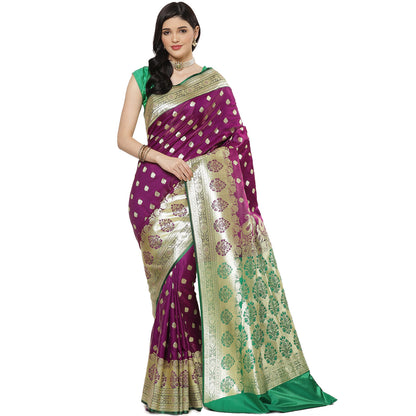 Faishana Presents Purple Satin Silk Mughal Motif Zari Booti Banarasi with Skirt Kadiyal Paithani Green Border Saree