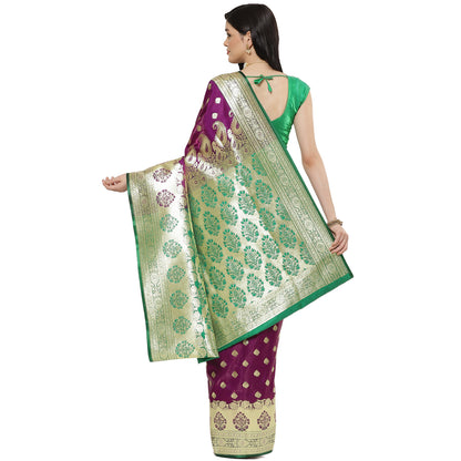 Faishana Presents Purple Satin Silk Mughal Motif Zari Booti Banarasi with Skirt Kadiyal Paithani Green Border Saree