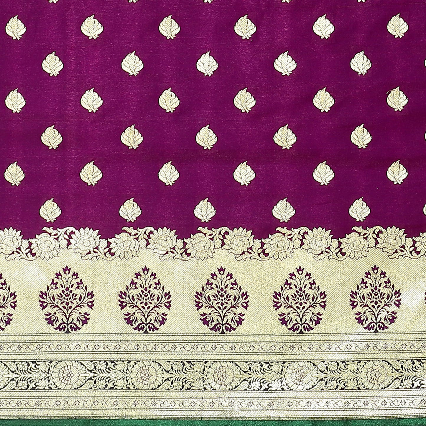 Faishana Presents Purple Satin Silk Mughal Motif Zari Booti Banarasi with Skirt Kadiyal Paithani Green Border Saree
