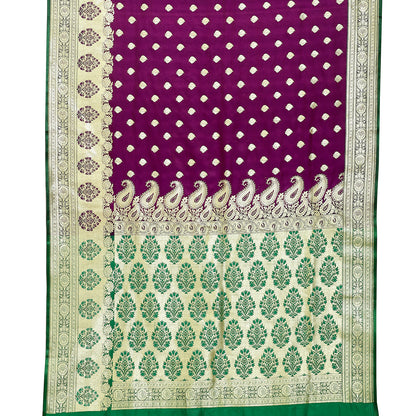 Faishana Presents Purple Satin Silk Mughal Motif Zari Booti Banarasi with Skirt Kadiyal Paithani Green Border Saree