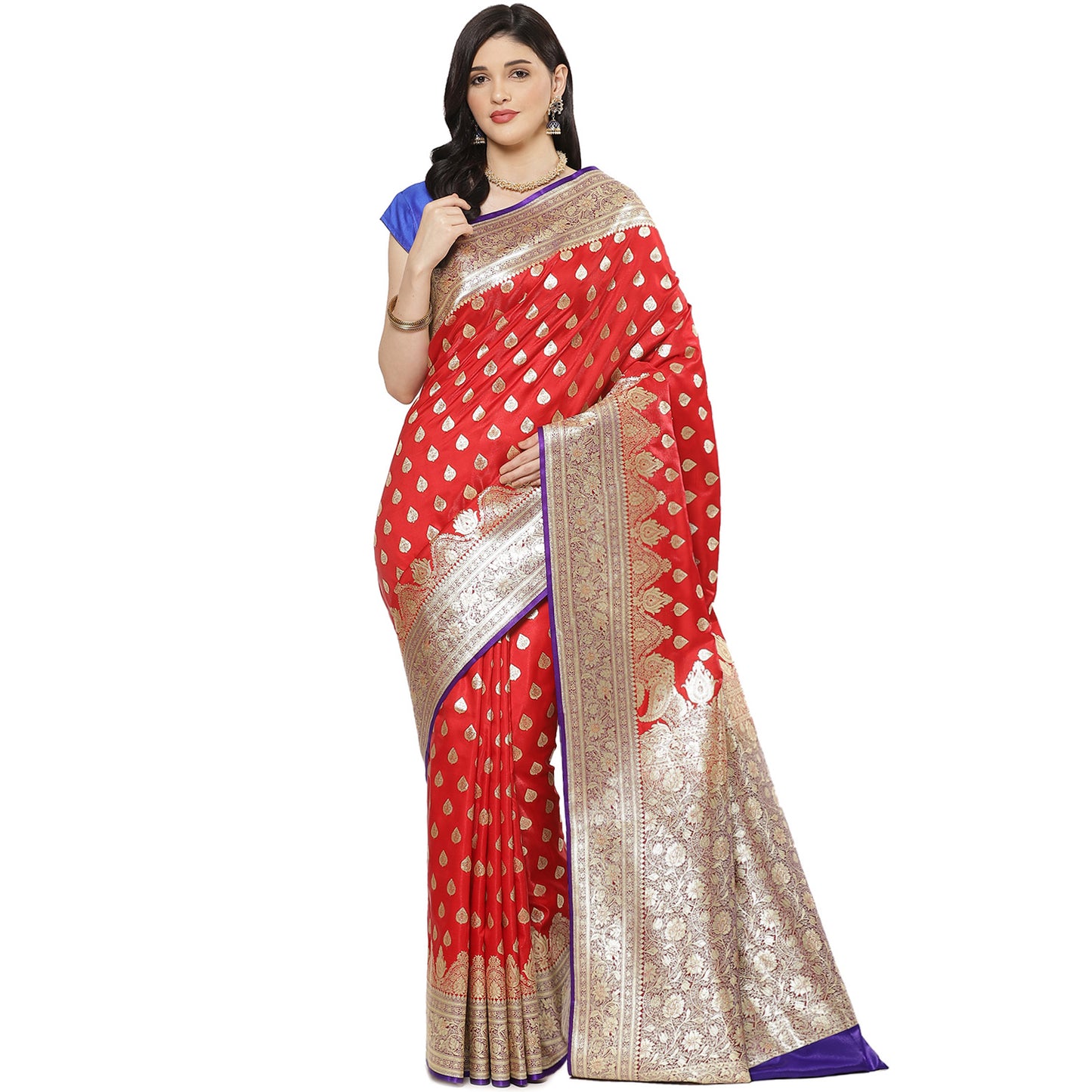 Faishana Presents Red Satin Silk Mughal Motif Zari Booti Banarasi Saree with Kadiyal Blue Border