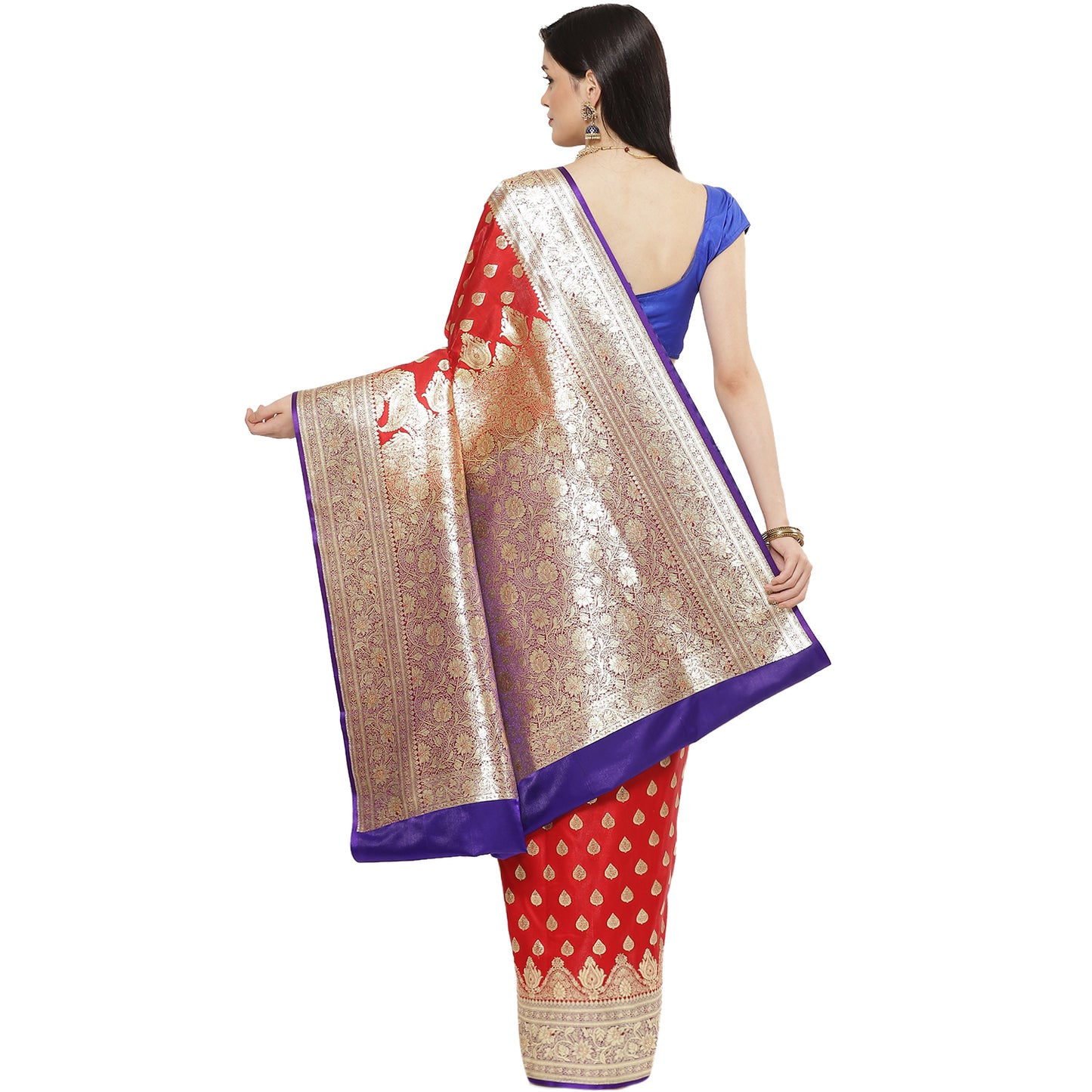 Faishana Presents Red Satin Silk Mughal Motif Zari Booti Banarasi Saree with Kadiyal Blue Border