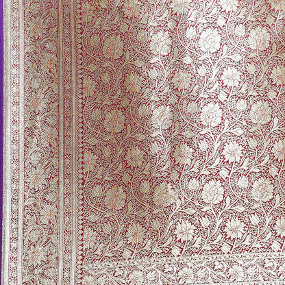Faishana Presents Red Satin Silk Mughal Motif Zari Booti Banarasi Saree with Kadiyal Blue Border