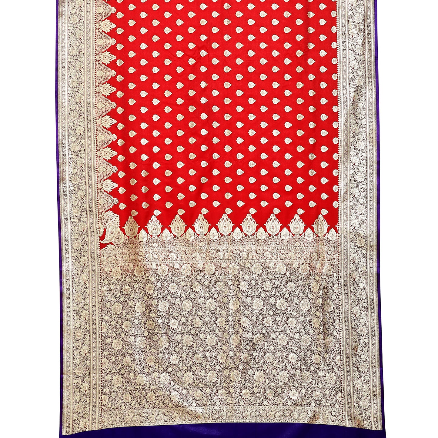 Faishana Presents Red Satin Silk Mughal Motif Zari Booti Banarasi Saree with Kadiyal Blue Border