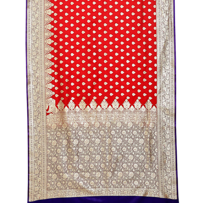 Faishana Presents Red Satin Silk Mughal Motif Zari Booti Banarasi Saree with Kadiyal Blue Border