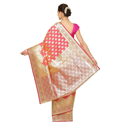 Faishana Presents Brown  Booti Mughal Motif Banarasi Satin Silk Saree Kadiyal Skirt Pink Borde
