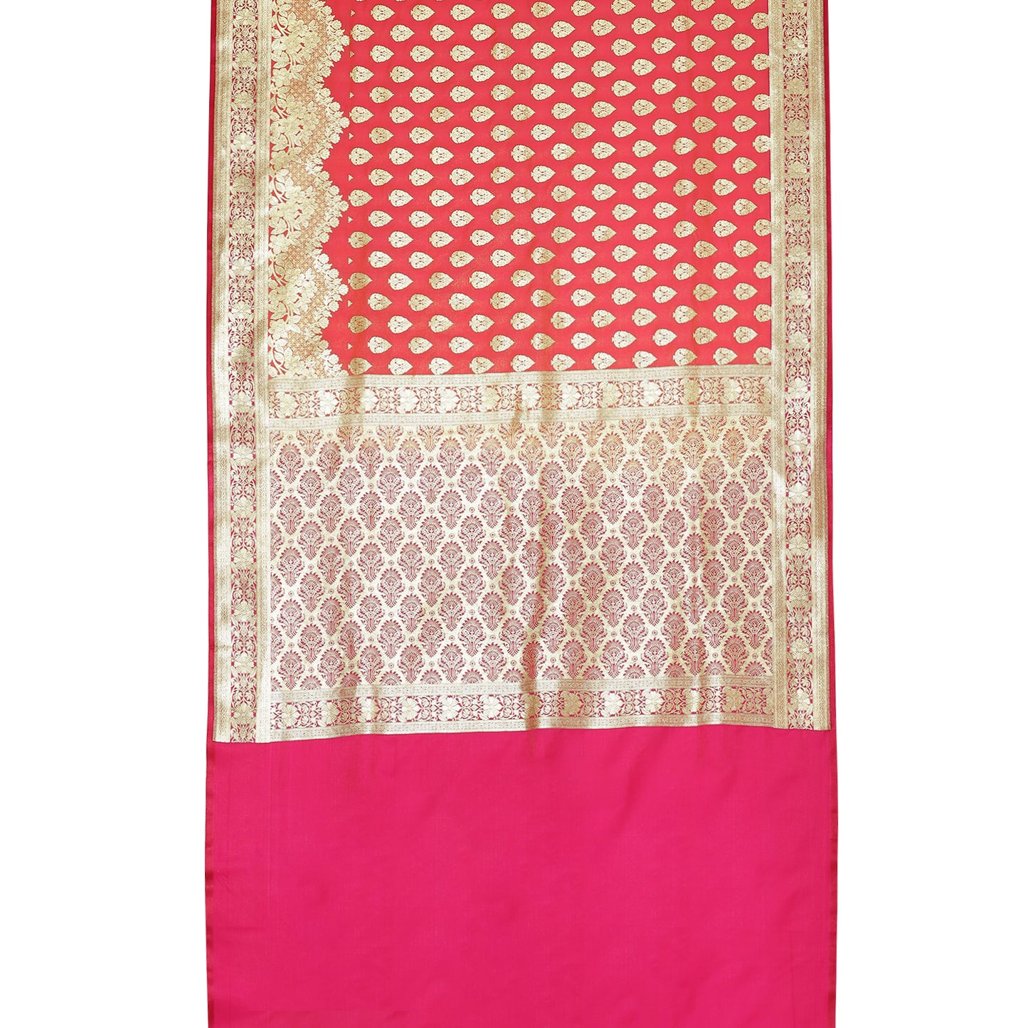 Faishana Presents Brown  Booti Mughal Motif Banarasi Satin Silk Saree Kadiyal Skirt Pink Borde