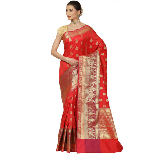 Faishana Presents Red Poly Cotton Zari Boota Skirt Border Banarasi Saree With Blouse Piece
