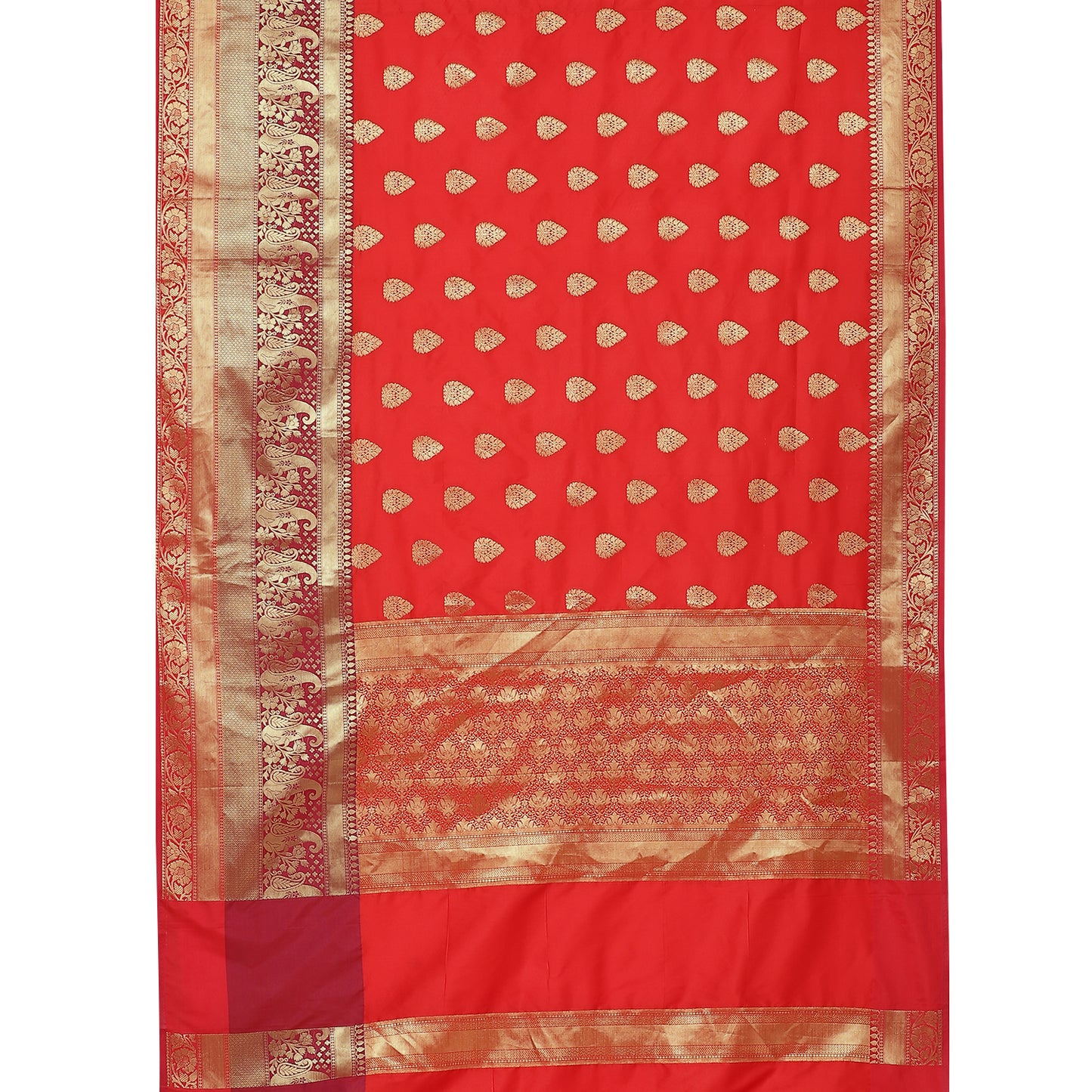 Faishana Presents Red Poly Cotton Zari Boota Skirt Border Banarasi Saree With Blouse Piece