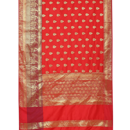 Faishana Presents Red Poly Cotton Zari Boota Skirt Border Banarasi Saree With Blouse Piece