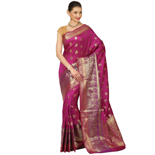 Faishana Presents Magenta Poly Cotton Zari Boota Skirt Border Banarasi Saree With Banarasi Saree