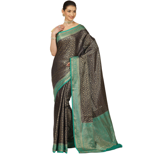 Faishana Presents Black Katan Zari Brocade Saree With Kadiyal Green Contrast Border Banarasi Saree