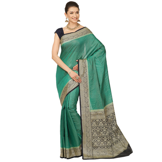 Faishana Presents Green Organza Striped With Contrast Black Kadiyal Border Banarasi Saree