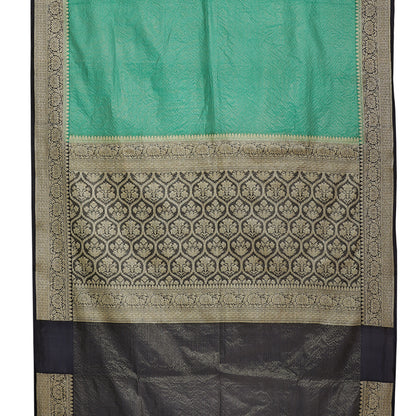 Faishana Presents Green Organza Striped With Contrast Black Kadiyal Border Banarasi Saree