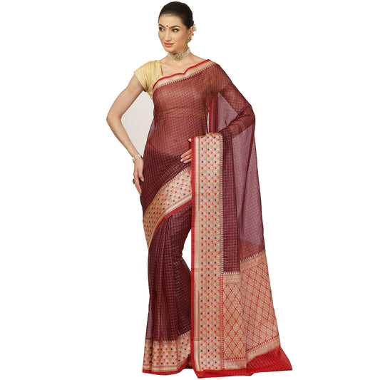 Faishana Presents Brown Organza Zari Check With Skirt Tilfi Kadiyal Red Contrast Border Banarasi Saree