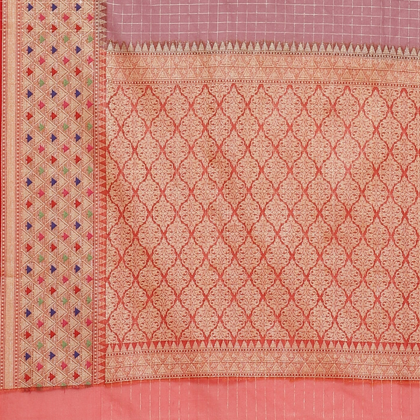 Faishana Presents Brown Organza Zari Check With Skirt Tilfi Kadiyal Red Contrast Border Banarasi Saree