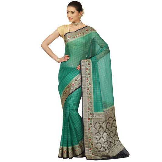 Faishana Presents Green Organza Zari Check Tilfi Kadiyal Black Contrast Border Banarasi Saree