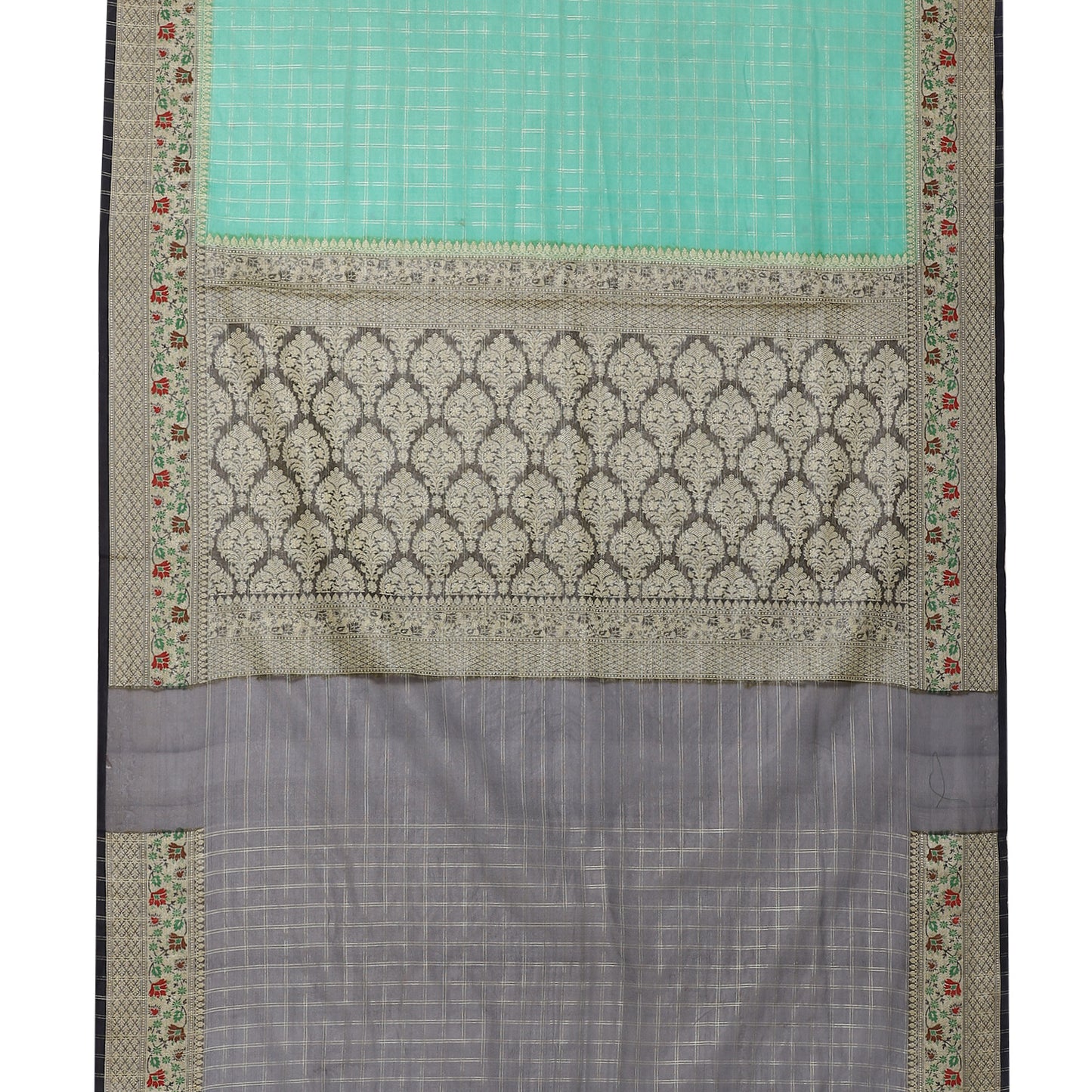 Faishana Presents Green Organza Zari Check Tilfi Kadiyal Black Contrast Border Banarasi Saree