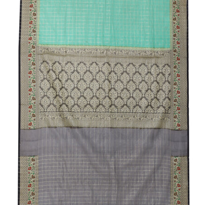 Faishana Presents Green Organza Zari Check Tilfi Kadiyal Black Contrast Border Banarasi Saree