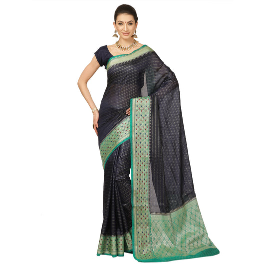 Faishana Presents Navy Blue Organza Zari Check With Tilfi Kadiyal Seagreen Contrast Border Banarasi Saree