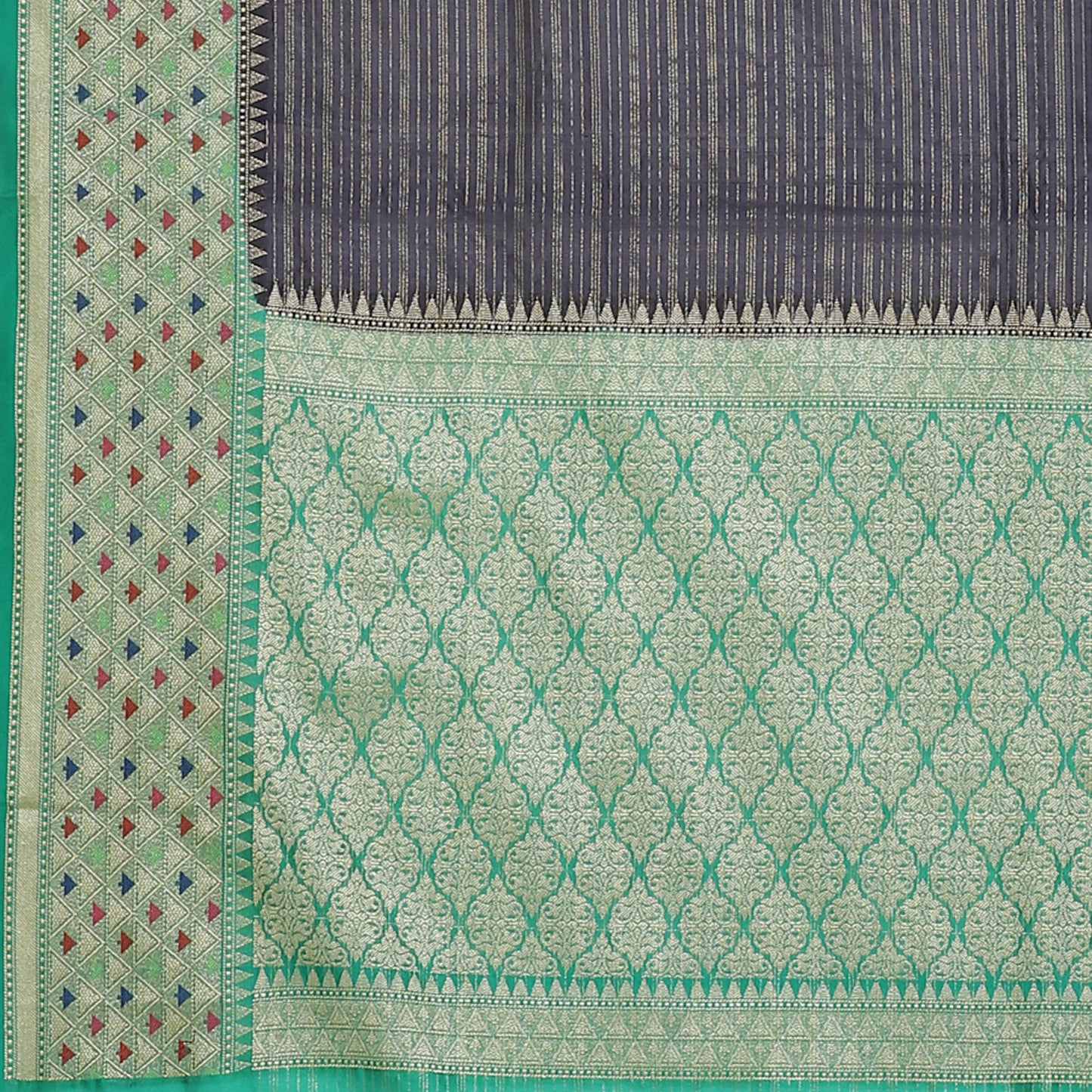 Faishana Presents Navy Blue Organza Zari Check With Tilfi Kadiyal Seagreen Contrast Border Banarasi Saree
